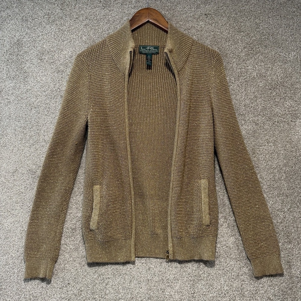 Lauren Active Ralph Lauren LRL Gold Metallic Tinsel Knit Cardigan Sz S Jacket